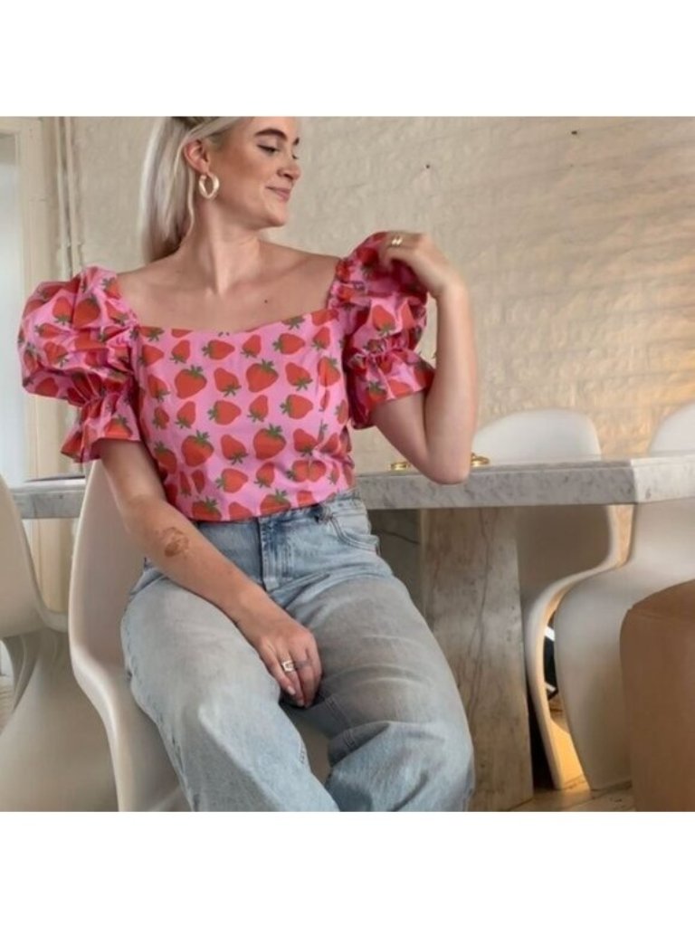 By Megan Crosby Sophie Crop Top Xl Juicy Joy Fruit Print White Pastel Lace Up — image 5 of 5